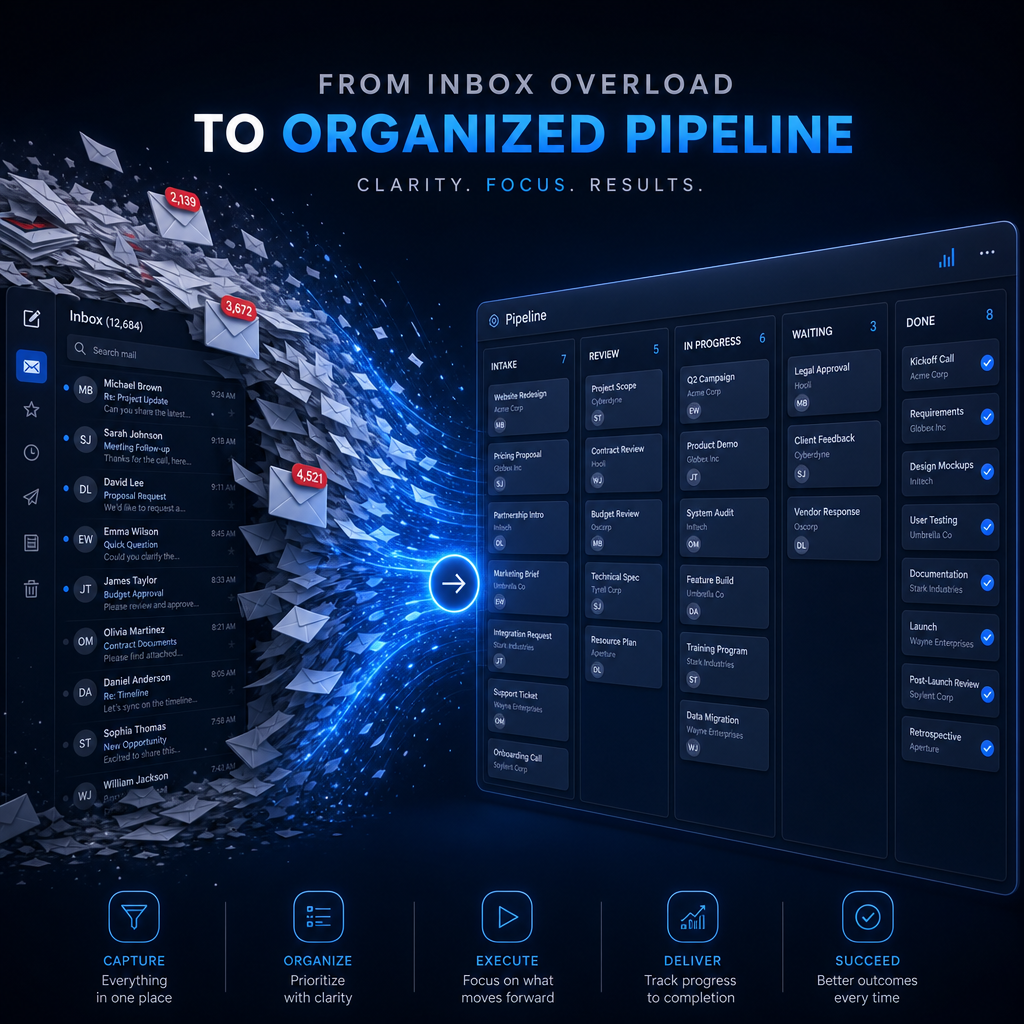 An overflowing email inbox transforming into an organized pipeline board on a dark screen