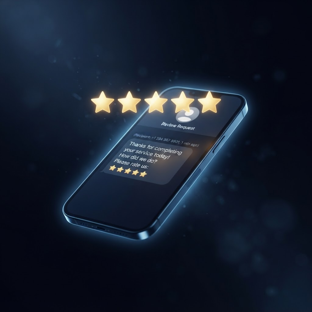 An automated five-star review request going out by text after a completed job on a dark screen